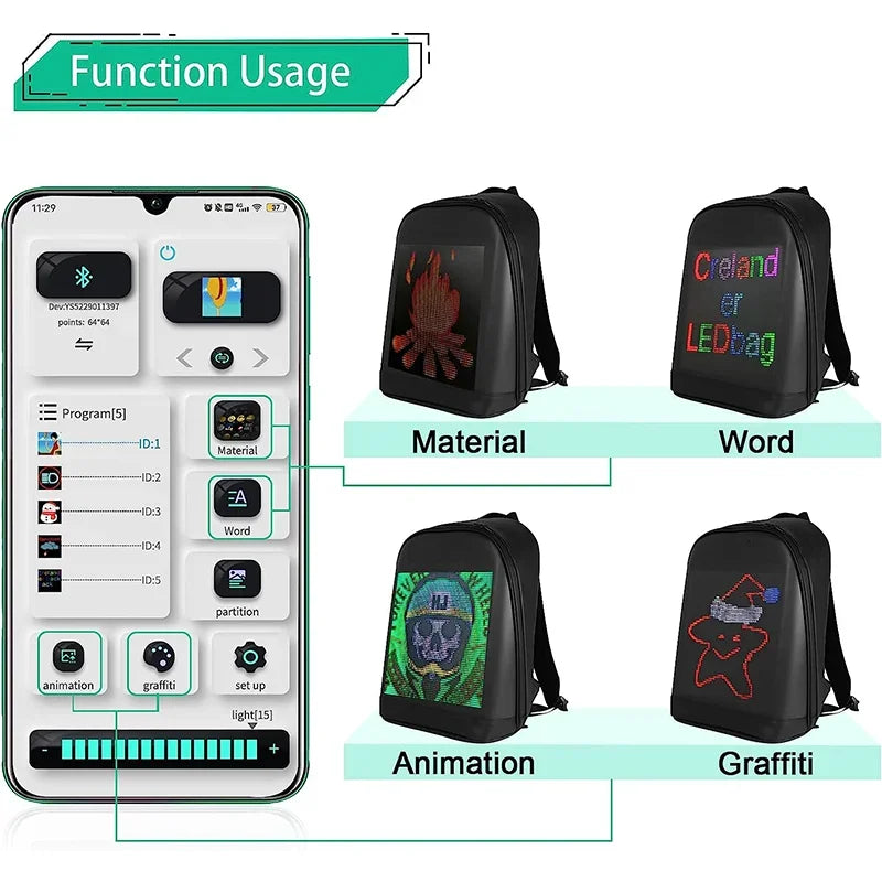 Novel Smart LED Backpack Cool Customizable Laptop Backpack LED Color DIY Screen Customizable Backpack Travel Bag Pack School Bag