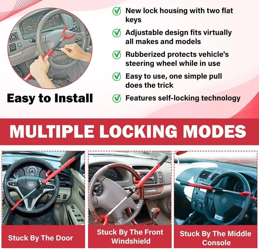 Vehicle Steering Wheel Lock Car Anti Theft Security Lock with Adjustable Length Fit for Cars Trucks Vans and SUVs with Keys